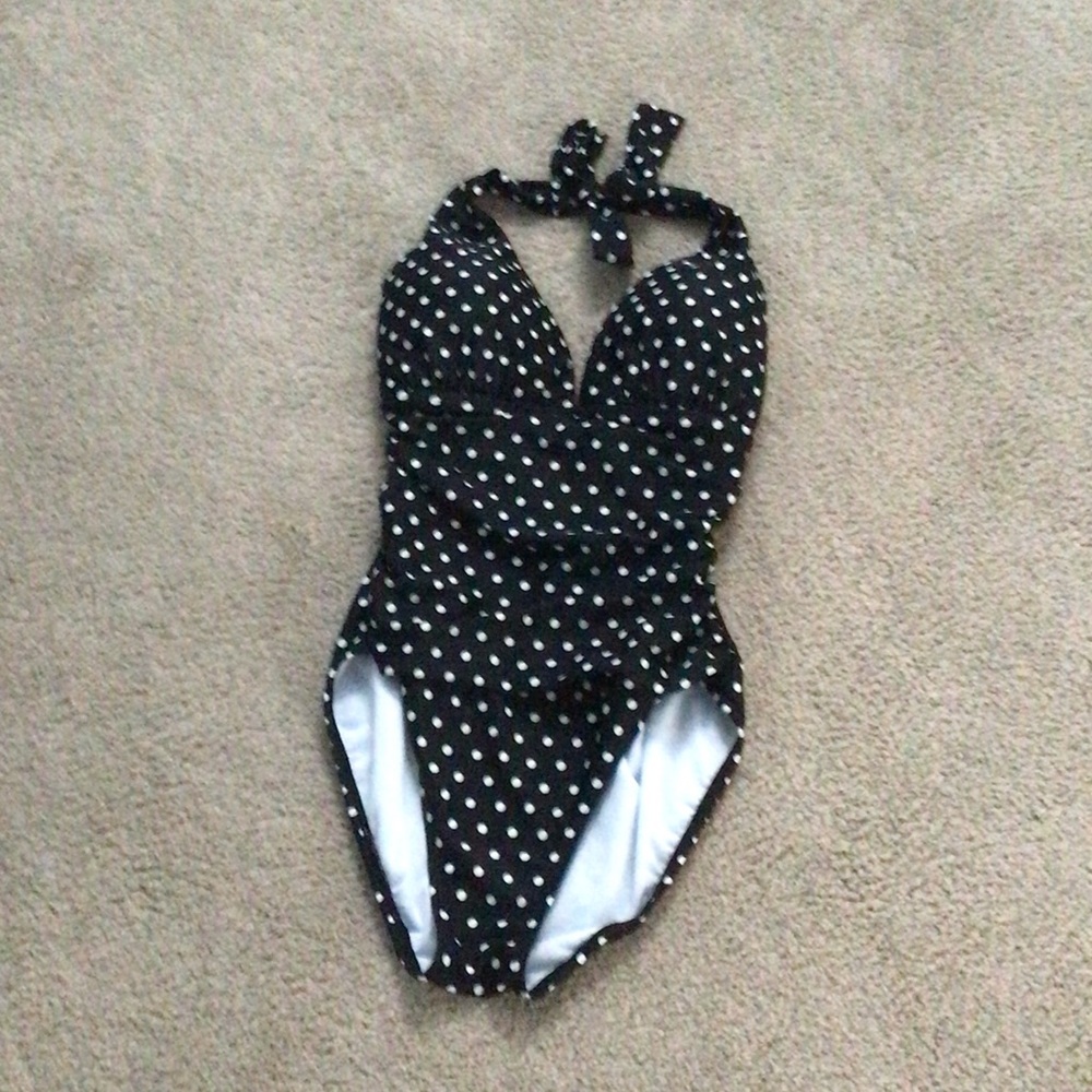 Black & white polka dot one piece bathing suit